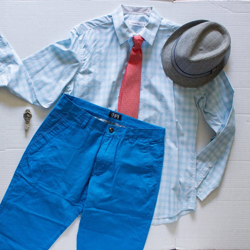 1PA1 Lt Blue Straight Fit Flat Front Slim Cotton Trousers - Mens Size 32